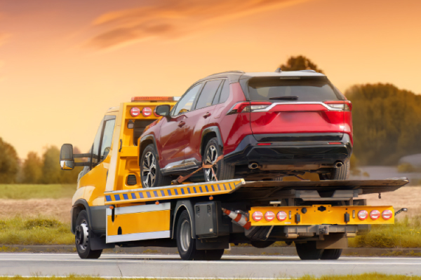 Un camión de remolque amarillo está transportando un SUV rojo en una carretera rural al atardecer. El paisaje circundante muestra árboles y un cielo con tonos anaranjados y rosados, lo que añade una atmósfera cálida y tranquila a la escena. La imagen captura un momento de asistencia en carretera, destacando la importancia de los servicios de remolque para vehículos que han sufrido averías o accidentes.