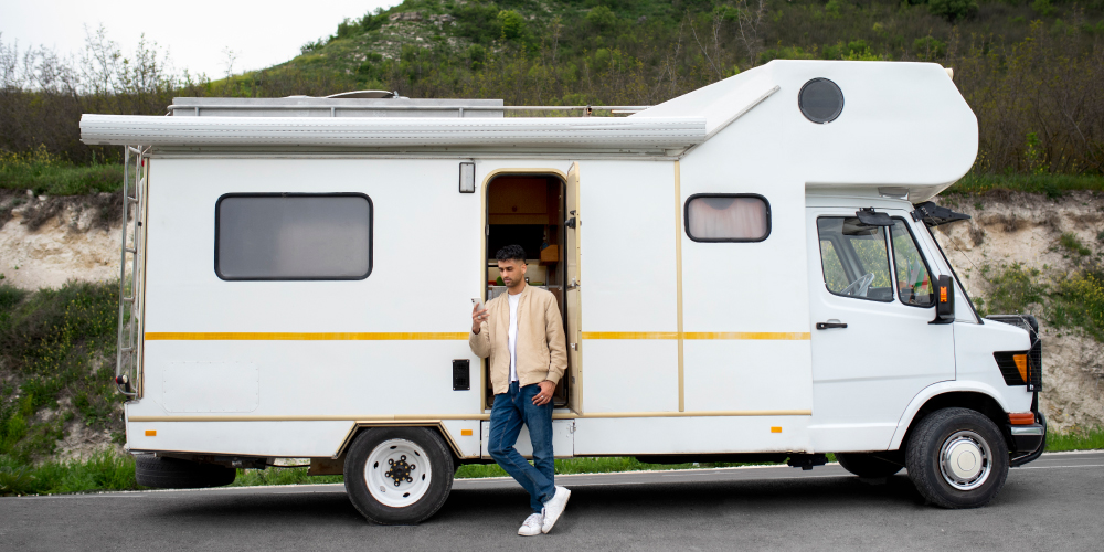 La imagen muestra una autocaravana blanca estacionada en una carretera con un paisaje verde y montañoso de fondo. La autocaravana tiene una franja amarilla horizontal a lo largo de su costado. La puerta de la autocaravana está abierta y una persona está de pie junto a ella, apoyada en el marco de la puerta realizando una llamada teléfonica. La persona lleva una chaqueta beige, una camiseta blanca, jeans azules y zapatillas blancas.